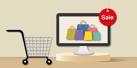 Shopping cart with desktop computer, podium, colourful paper bags and sale tag on pastel brown background. Online shopping or online store concept. Space for the text. Paper art design style.