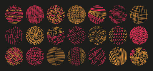 Vector set of round abstract backgrounds. Contemporary concept trend illustration. Patterns of hand drawn curves, lines, points, spots. Doodle icons set for social networks, posters, design templates