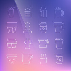 Set line Bag of coffee beans, Coffee cup to go, tamper, Glass with water, Milkshake and icon. Vector