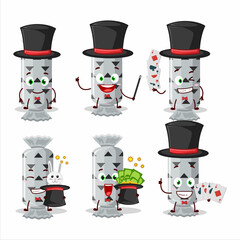 A white long candy package Magician cartoon character perform on a stage