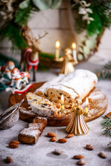 Christmas curd stollen on a Christmas rustic background