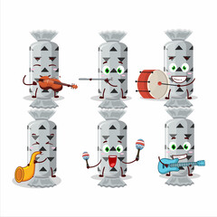 Cartoon character of white long candy package playing some musical instruments