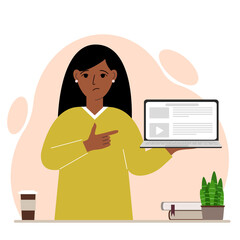 Sad woman holding a laptop computer with one hand and pointing at it with the other. Laptop computer technology concept.