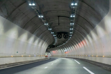 Tunnel with colored lights, defocused and blurred  France
