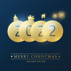 Best Wishes for Christmas and Winter Holidays - Golden and Dark Blue Happy New Year Card Background Design with Round Numerals - 2022