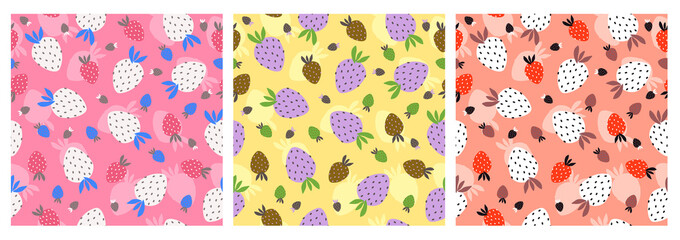 Vector collection of three seamless patterns with colorful strawberries.