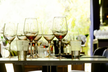 glasses with assorted wines  in tasting on cellar , focus in foreground