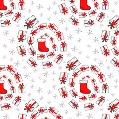 Christmas and Happy New Year seamless pattern with gift boxes, socks and snowflakes red spiral