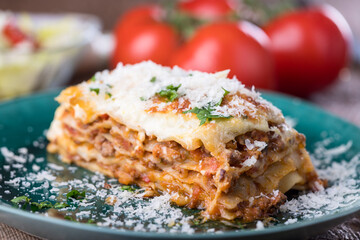 lasagna on a green plate