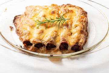 six italian canneloni pasta rolls on white