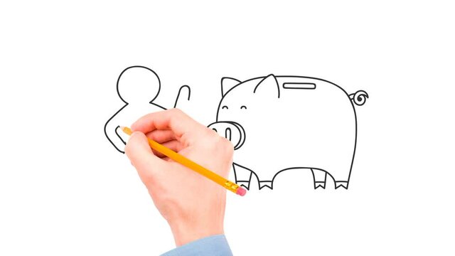 Video with doodles. The hand draws a man in a tie and a piggy bank in the form of a pig, then the hand with an eraser erases the entire composition