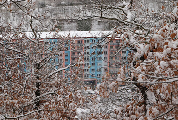 block of flats of distinctive colors in turquoise and pink hidden among the snow-covered trees