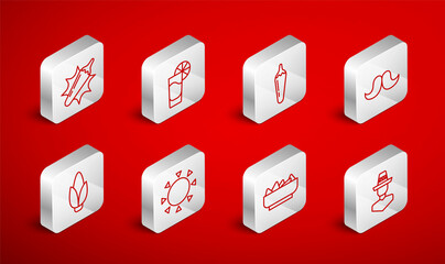 Set line Mexican man sombrero, Tequila glass with lemon, Hot chili pepper pod, Mustache, Nachos in bowl, Sun and Corn icon. Vector