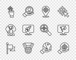 Set line Flag, Target, Medal, Rocket ship, Hand holding Earth globe and icon. Vector