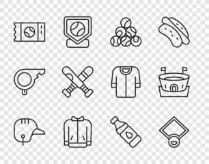 Set line Baseball helmet, field, t-shirt, ticket, Crossed baseball bat, Bottle of water and arena icon. Vector