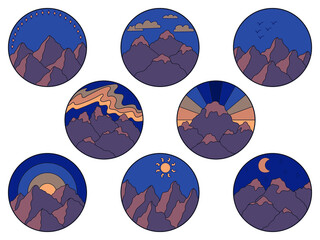 Vector illustration of mountain. Set of hand drawn outline icon in circle frame. For print, web, design, decor, logo.