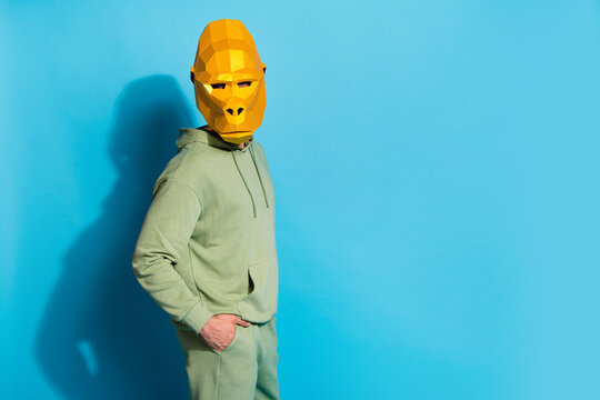 Photo of eccentric cool man wear gorilla mask adjusting arms pockets empty space isolated blue color background