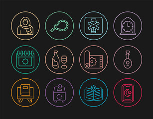 Set line Star and crescent, Lute, No alcohol, Wine bottle with glass, Ramadan calendar, Muslim woman hijab, Traditional carpet and Rosary beads religion icon. Vector