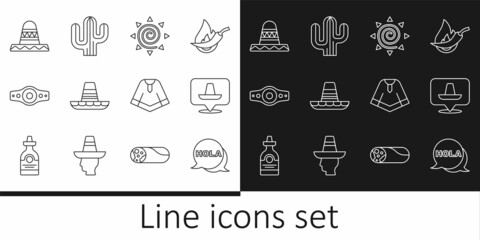 Set line Hola, Mexican sombrero, Sun, Wrestling championship belt, Poncho and Cactus icon. Vector