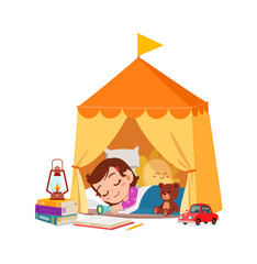 Obraz na płótnie Canvas cute little girl sleep inside small tent