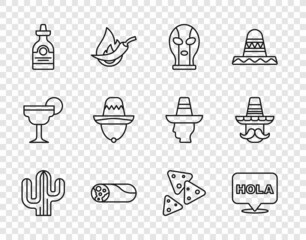 Set line Cactus, Hola, Mexican wrestler, Burrito, Tequila bottle, sombrero, Nachos and man icon. Vector © vector_v