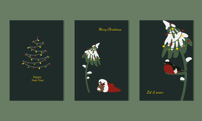 Three Christmas cards in dark colors. A bullfinch sits on a pine branch, a little deer sleeps in a Santa hat. 