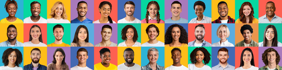 Fototapeta na wymiar Happy cheerful young and adult multicultural man and woman looking at camera on colorful backgrounds