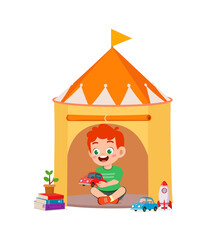 cute little boy play inside small tent