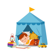 cute little boy sleep inside small tent - obrazy, fototapety, plakaty