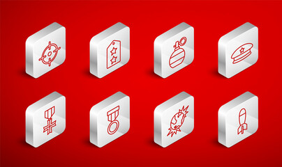 Set line Rocket launcher, Military rank, Hand grenade, beret, Bomb explosive planet earth, Target sport, reward medal and icon. Vector