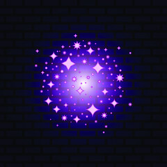 Stardust, round constellation, pink glow, neon effect. Dark brick wall. Vector illustration, flat design, eps 10.