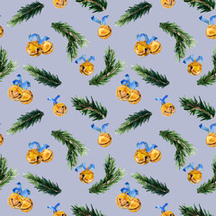 Winter seamless pattern with spruce branch and gold jingle bells on gray background. Watercolor Christmas tile. Season design for textile, packaging, wallpaper, covers, wrapping paper.