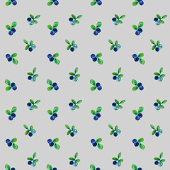 Blueberry seamless pattern on gray background. Handdrawn watercolor illustration of berries and leaves. Design for covers, packaging, cards, wallpapers, labels.