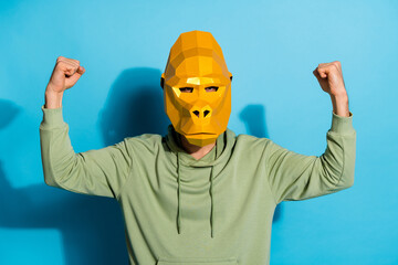 Photo of strong confident guy dressed wild animal mask rising fists showing power isolated blue color background