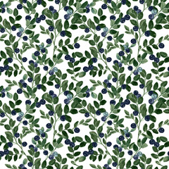 Blueberry field seamless pattern on white background. Handdrawn watercolor illustration of blackberry bushes. Design for covers, packaging, cards, wallpapers, background, textile.