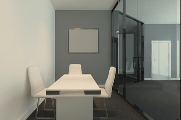 Open space office interior with like conference room. Mockup. 3D rendering.