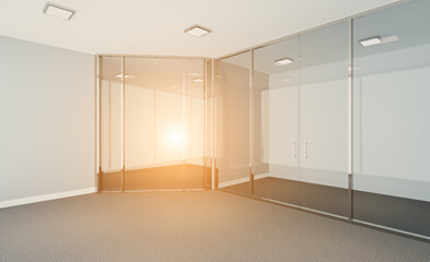 Blank office interior.  Mockup.  3D rendering.. Sunset.. Sunset.
