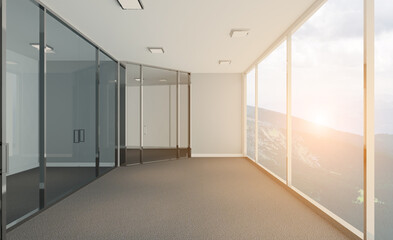 Blank office interior.  Mockup.  3D rendering.. Sunset.. Sunset.