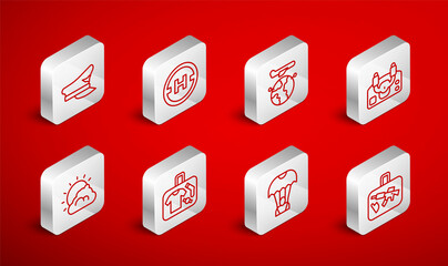 Set line Suitcase, Helicopter landing pad, Globe with flying plane, Aircraft steering helm, Parachute, Pilot hat, and Sun cloud weather icon. Vector