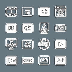 Set line Music note, tone, Play button, Online play video, Arrow shuffle, Repeat, or settings, and MP3 file icon. Vector
