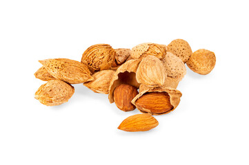 A heap of almonds in the shell and without