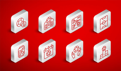 Set line Award over sports winner podium, Sport mechanical scoreboard, Championship tournament bracket, Football field, Soccer football, soccer calendar and Beer can icon. Vector