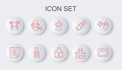Set line Bathroom scales, Sport training program, Shower, Gym building, Bench with barbell, Smart watch heart, Vitamins and Sports nutrition icon. Vector