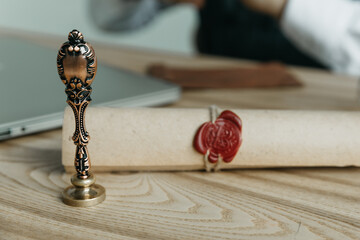 Man notary stamping agreement, company secretary, official document, validity.