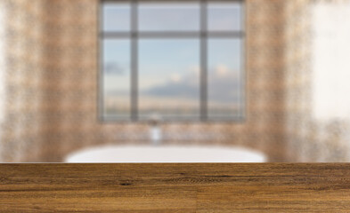 Scandinavian bathroom, classic  vintage interior design. 3D rend. Background with empty table. Flooring.