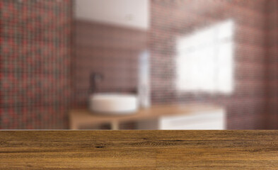 Clean and fresh bathroom with natural light. 3D rendering.. Background with empty table. Flooring.