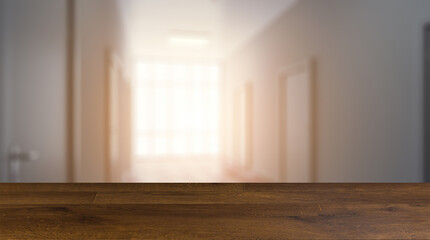 The Corridor in office building. 3D rendering. Background with empty table. Flooring.