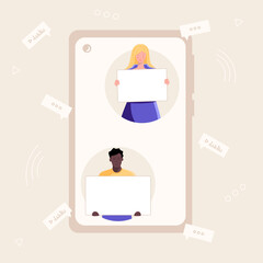 Group of people protesters of different nationalities with placards in hands in smartphone in flat style vector illustration