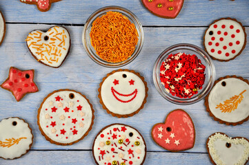 set of christmas cookies on blue background