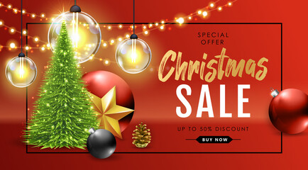 Winter sale poster with christmas holiday decorations. Christmas and New Year background. Vector illustration